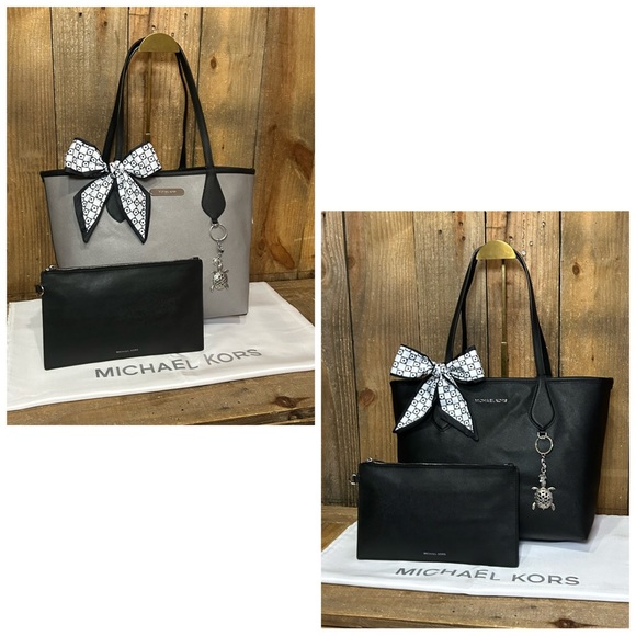 Michael Kors. 5 Piece. Saige Reversible Tote & Pouch & Dust Bag, Scarf & Charm. - Picture 10 of 16